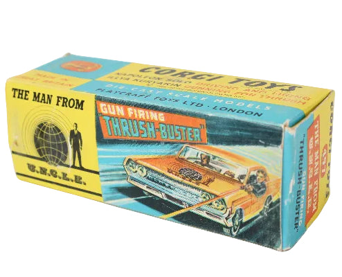Vintage toy car packaging with graphics and text on a white background