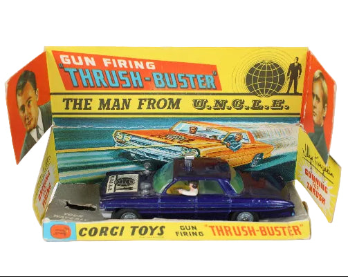 Corgi Toys Thrush-Buster packaging with car illustration and text on a white background