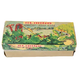 Toy box with colorful graphics and text on a white background