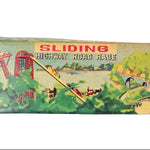 Toy box with a colorful design of a highway road race game on a white background