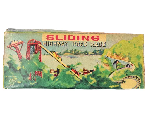 Toy box with a colorful design of a highway road race game on a white background