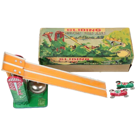 Toy sliding highway road race set with packaging on a white background