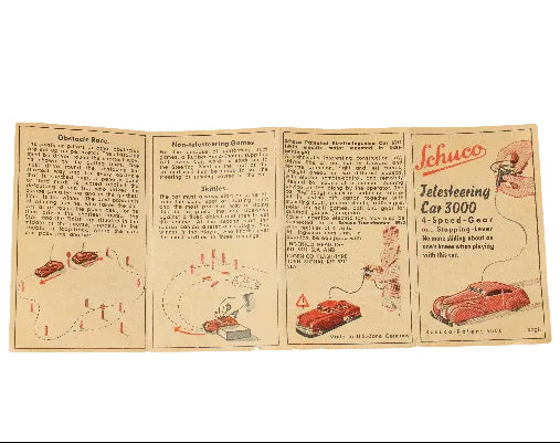 Vintage brochure for a Schuco Telescooping Car 3000 toy on a white background