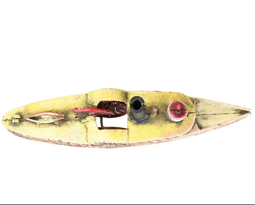 Vintage-style toy boat on a white background