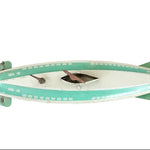 Vintage toy submarine with a green body and white top on a white background
