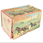 Vintage toy box with 'Arabian' branding on a white background