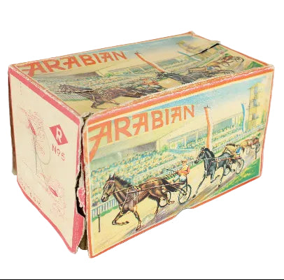 Vintage toy box with 'Arabian' branding on a white background