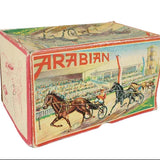 Vintage toy box with 'Arabian' branding and horse-drawn carriage illustration on a white background