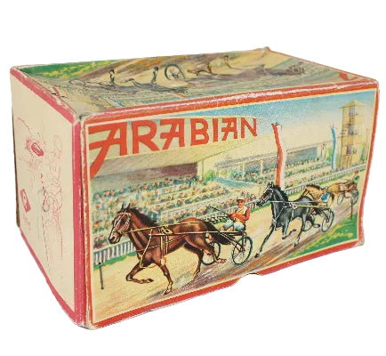 Vintage toy box with 'Arabian' branding and horse-drawn carriage illustration on a white background