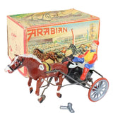 Toy horse and cart with a box labeled 'Arabian' on a white background
