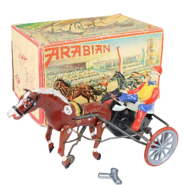 Toy horse and cart with a box labeled 'Arabian' on a white background