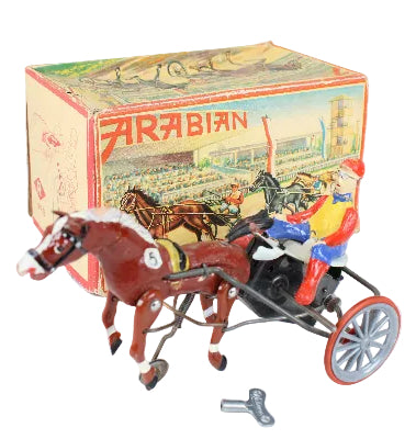 Toy horse and cart with a box labeled 'Arabian' on a white background