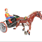 Toy horse and cart with a driver on a white background