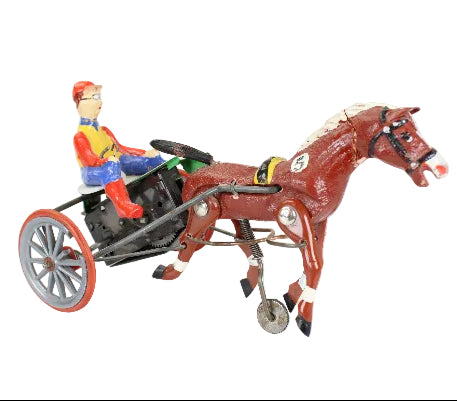 Toy horse and cart with a driver on a white background