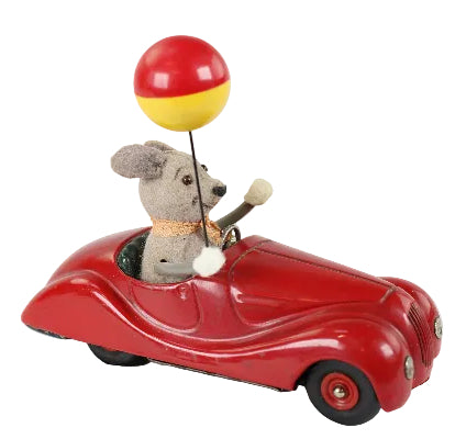 Toy car with a mouse driver and balloon on a white background