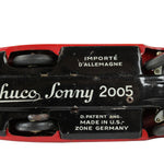 Back view of a Schuco Sonny 2005 toy car with branding and text on a white background