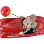 Toy car with a mouse figure inside on a white background