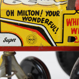 Marx toy tin with text 'Oh Milton! Your wonderful!' and 'Super' on a white background