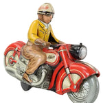 Toy figure of a person on a red motorcycle with a white background