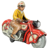 Toy figure of a person on a red motorcycle with a white background