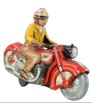 Toy figure of a person on a red motorcycle with a white background