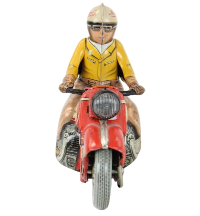 Toy figure of a person on a red motorcycle with a white background