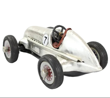 Model of a vintage racing car on a white background