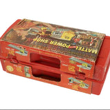 Toy toolbox with a colorful label on a white background