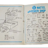 Open book with illustrations and text on a Mattel Power Shop Pictorial Parts List on a white background.