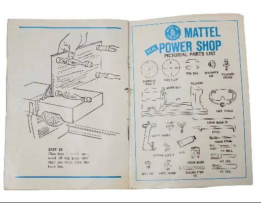 Open book with illustrations and text on a Mattel Power Shop Pictorial Parts List on a white background.
