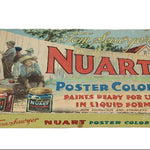Vintage box of Nuart Poster Colors with illustrations of people and paint cans on a white background