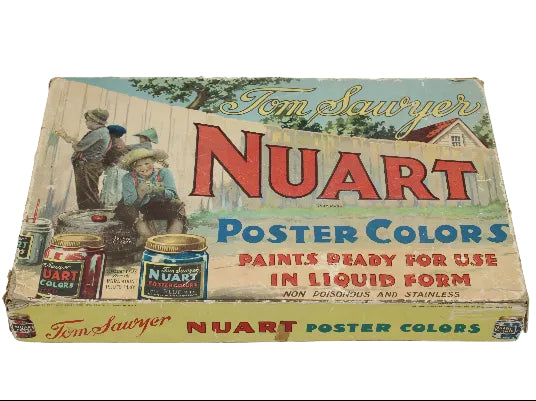 Vintage box of Nuart Poster Colors with illustrations of people and paint cans on a white background