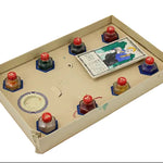 Vintage-style game board with inkwell-like objects on a white background