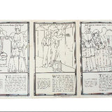 Illustrated pages from a book or comic strip with black line art on a white background.