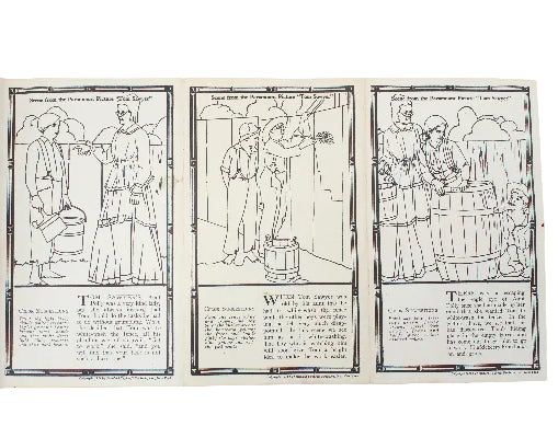 Illustrated pages from a book or comic strip with black line art on a white background.