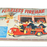 Vintage 'Fearless Fireman' game and toy box on a white background
