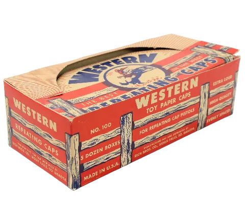 Vintage Western toy paper cap box on a white background