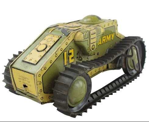 Model tank with 'Army' and number '12' on a white background