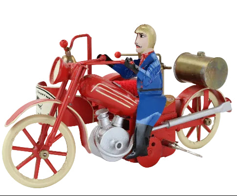 Model of a vintage fire engine with a figure on a white background
