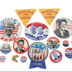 Collection of vintage political buttons with various candidates and slogans on a white background