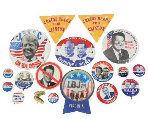 Collection of vintage political buttons with various candidates and slogans on a white background
