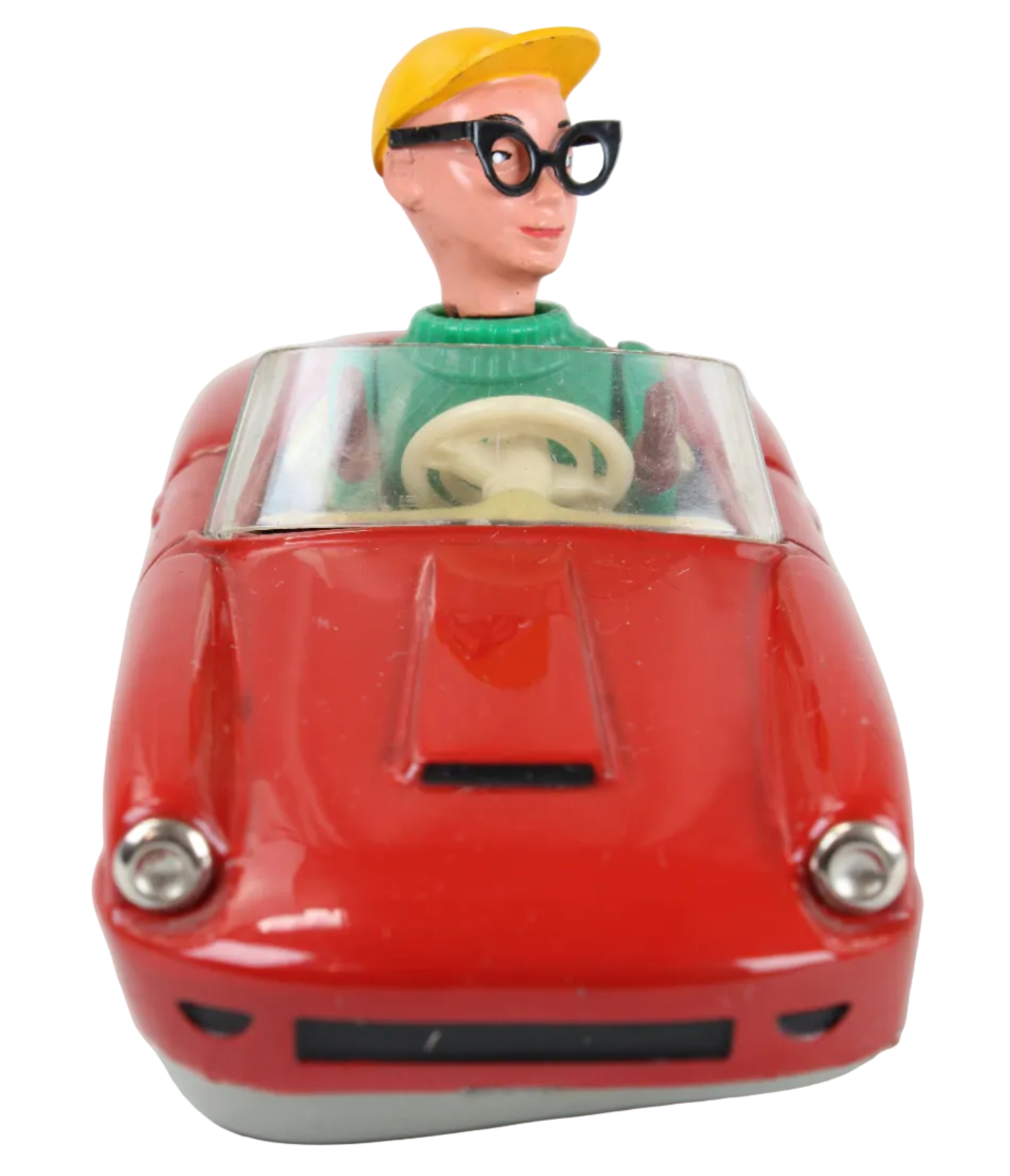 Toy figure of a character with a red vehicle body on a white background