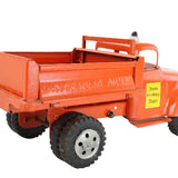 Model of an orange dump truck with a yellow sign on a white background