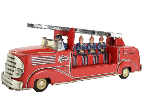 Red toy fire truck with figures on a white background