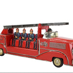 Vintage-style toy fire truck with figures on a white background