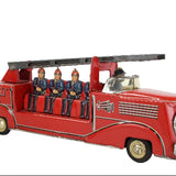 Vintage-style toy fire truck with figures on a white background
