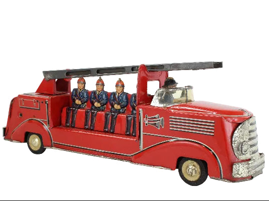 Vintage-style toy fire truck with figures on a white background