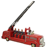 Red toy fire truck with a crane on a white background