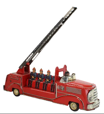 Red toy fire truck with a crane on a white background
