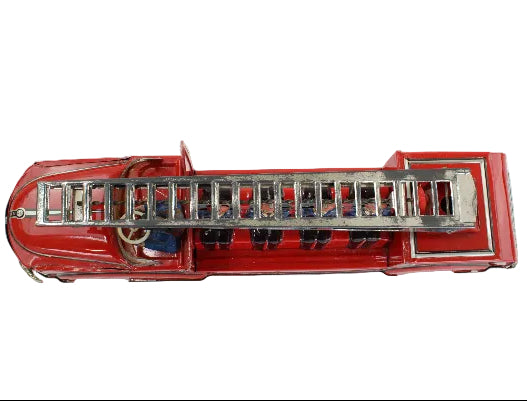 Red toy fire truck with a ladder on a white background